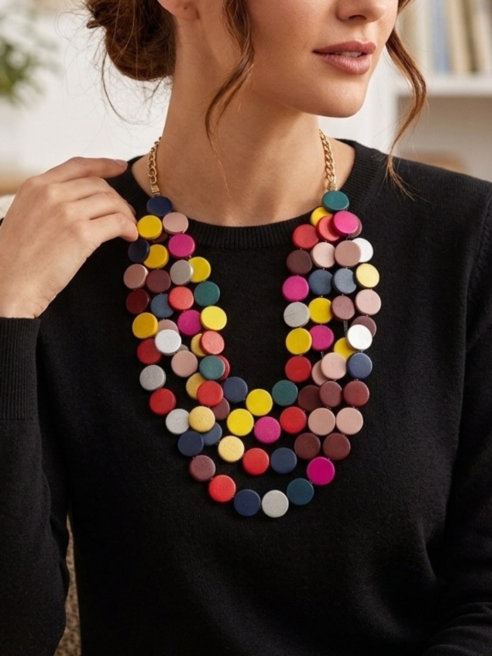 Multicolor Wooden Disc Statement Necklace | Chunky Layered Boho Bib Collar Jewel